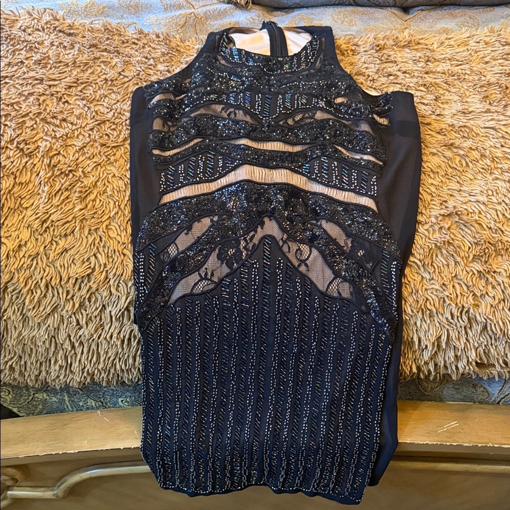 bebe Black Beaded Mesh Party Top